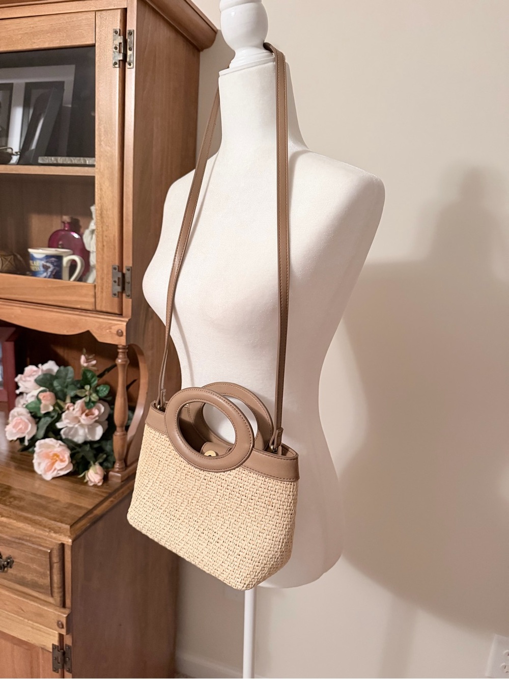 Fossil Beige Woven Crossbody with Tan Leather Trim